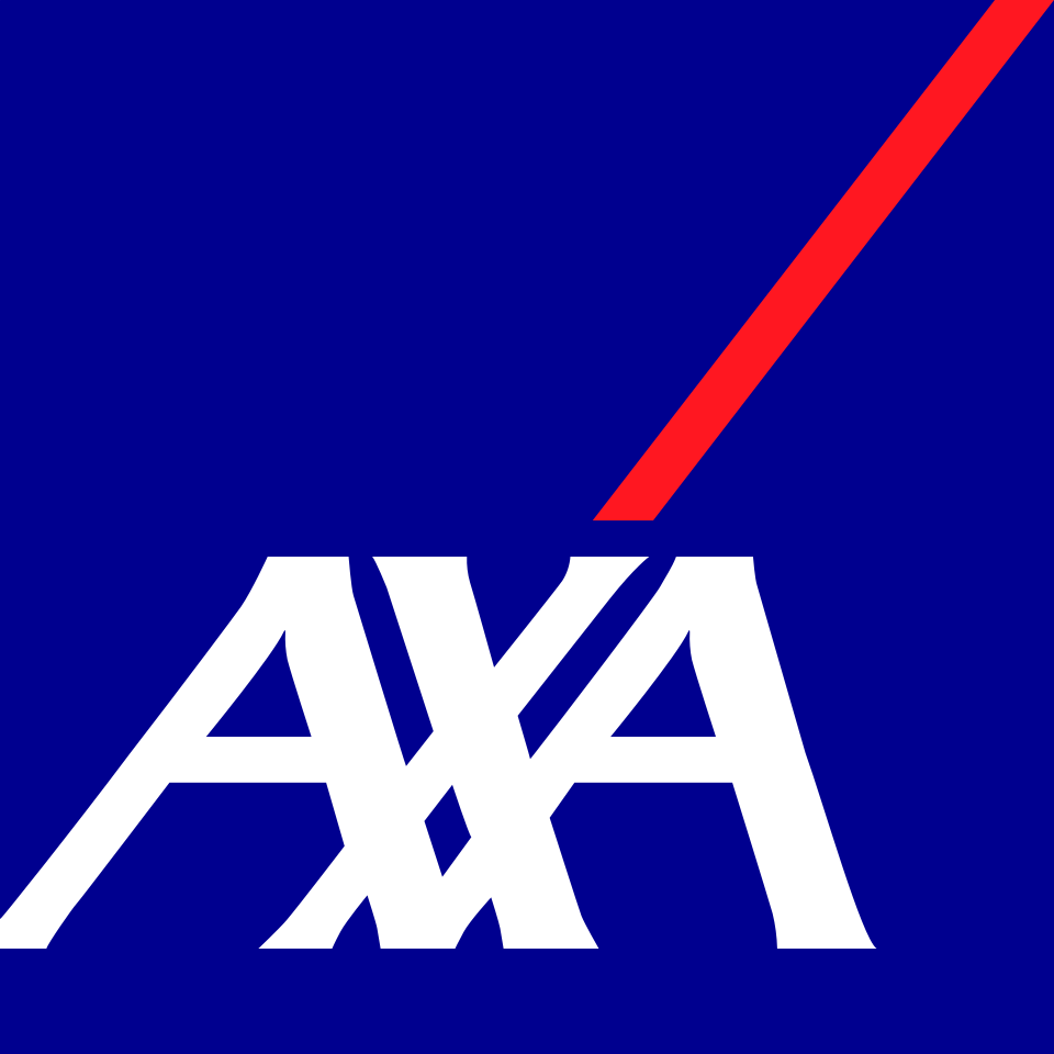 Logo AXA officiel, carré bleu avec lettres blanches et trait rouge