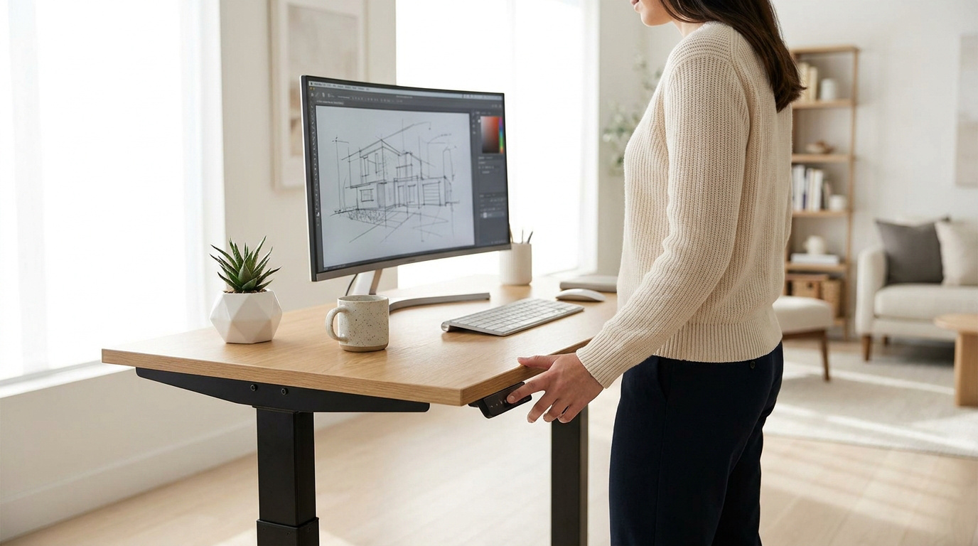 Une personne ajuste la hauteur d'un bureau assis debout dans un bureau lumineux et moderne.