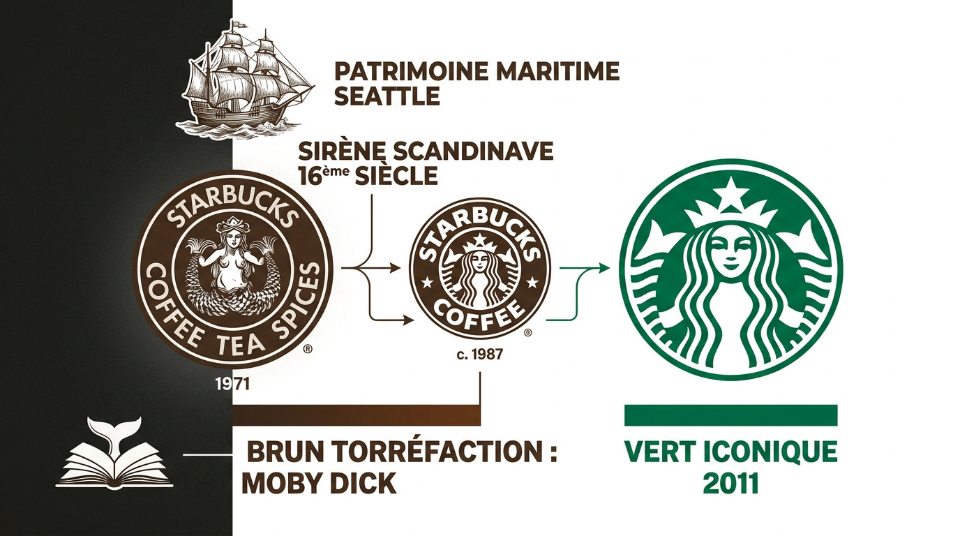 Évolution chronologique du logo Starbucks de 1971 à 2011 montrant la sirène à deux queues