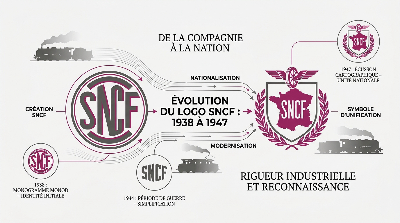 Évolution chronologique des logos SNCF entre 1938 et 1947 montrant le passage du monogramme à l'écusson cartographique