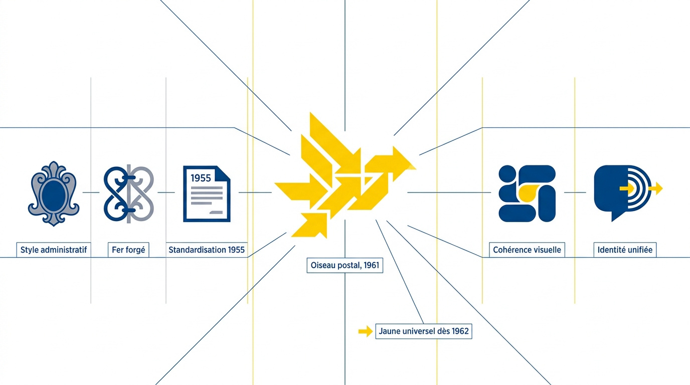 Évolution graphique du logo des PTT de 1955 vers une identité visuelle unifiée