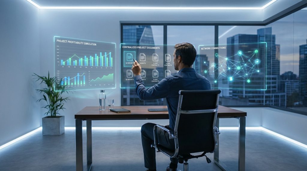 Un professionnel utilisant une interface holographique futuriste pour gérer ses projets dans un bureau moderne.