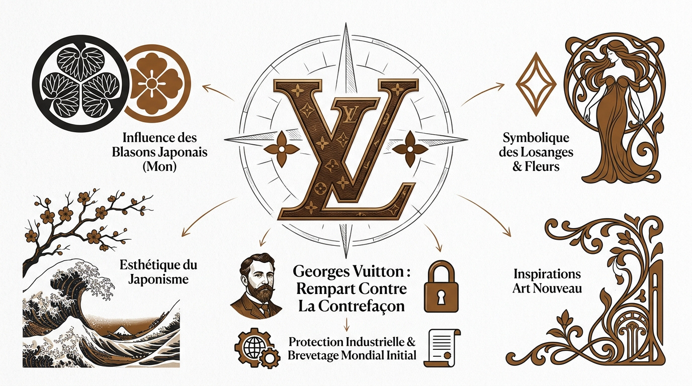 Monogramme Louis Vuitton historique avec initiales LV et motifs floraux