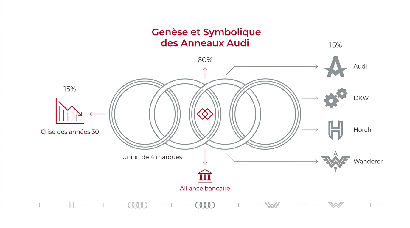 Logo Audi aux quatre anneaux symbolisant la fusion historique de l'Auto Union