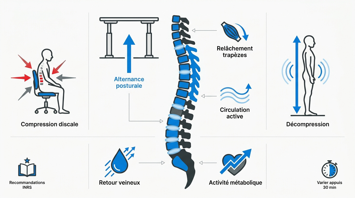 Infographie montrant l'alignement de la colonne vertébrale et l'impact de la posture assis-debout sur les disques intervertébraux