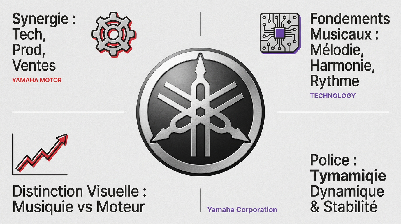 Infographie comparative des logos Yamaha Corporation et Yamaha Motor détaillant les couleurs et la typographie du logo Yamaha