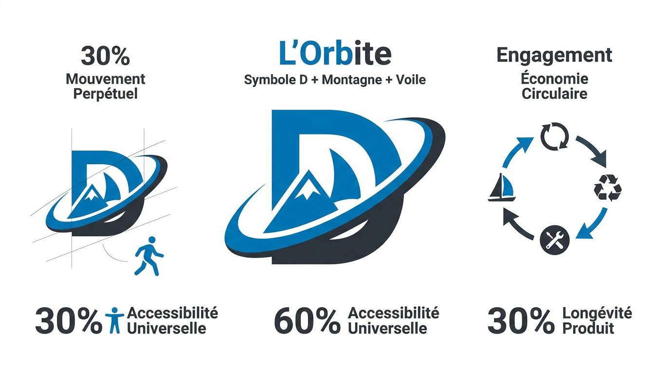 Infographie détaillant la symbolique du nouveau logo Orbite de Decathlon : montagne, voile et lettre D