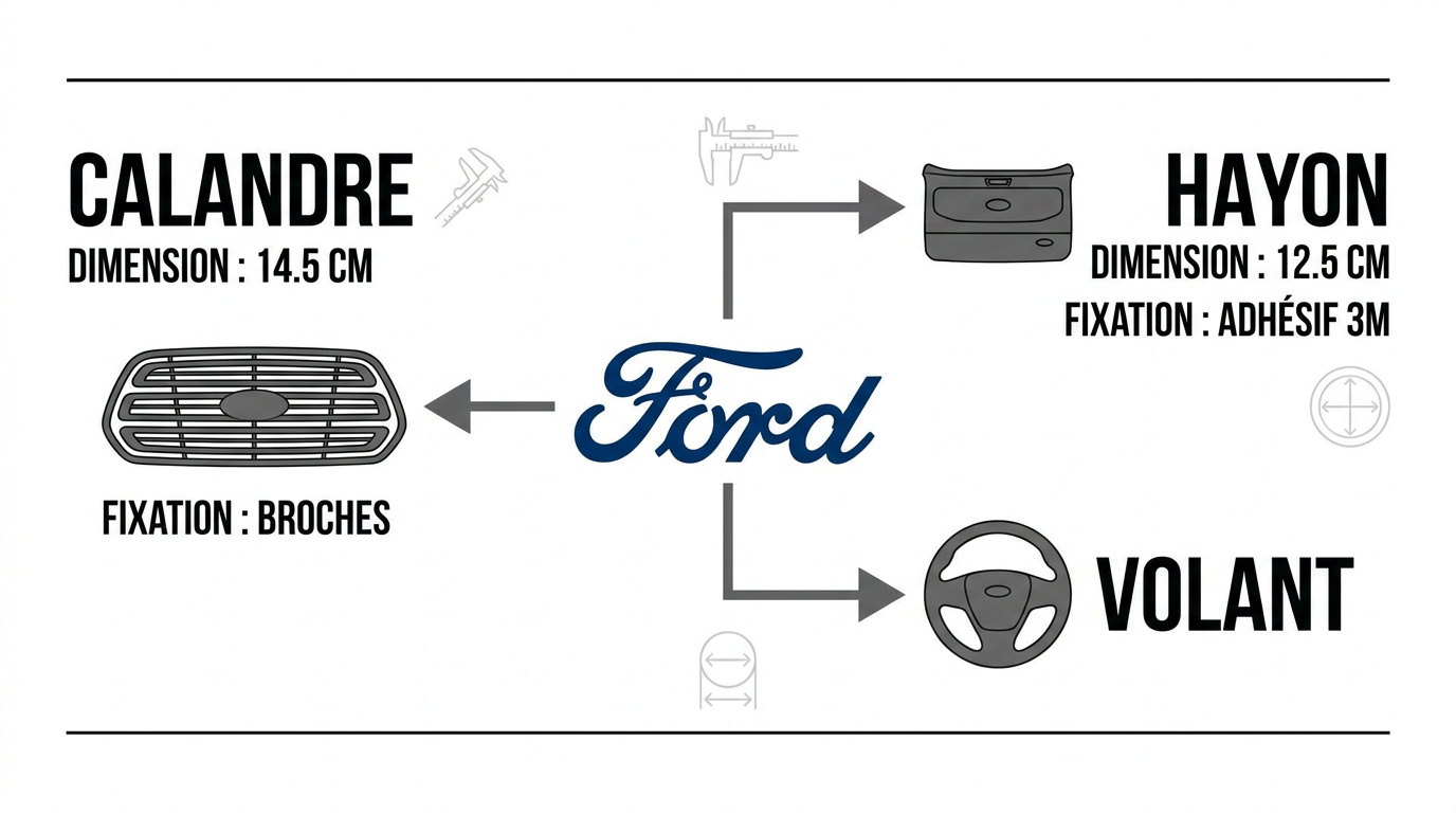 Infographie technique des emplacements du logo Ford : calandre, hayon et volant