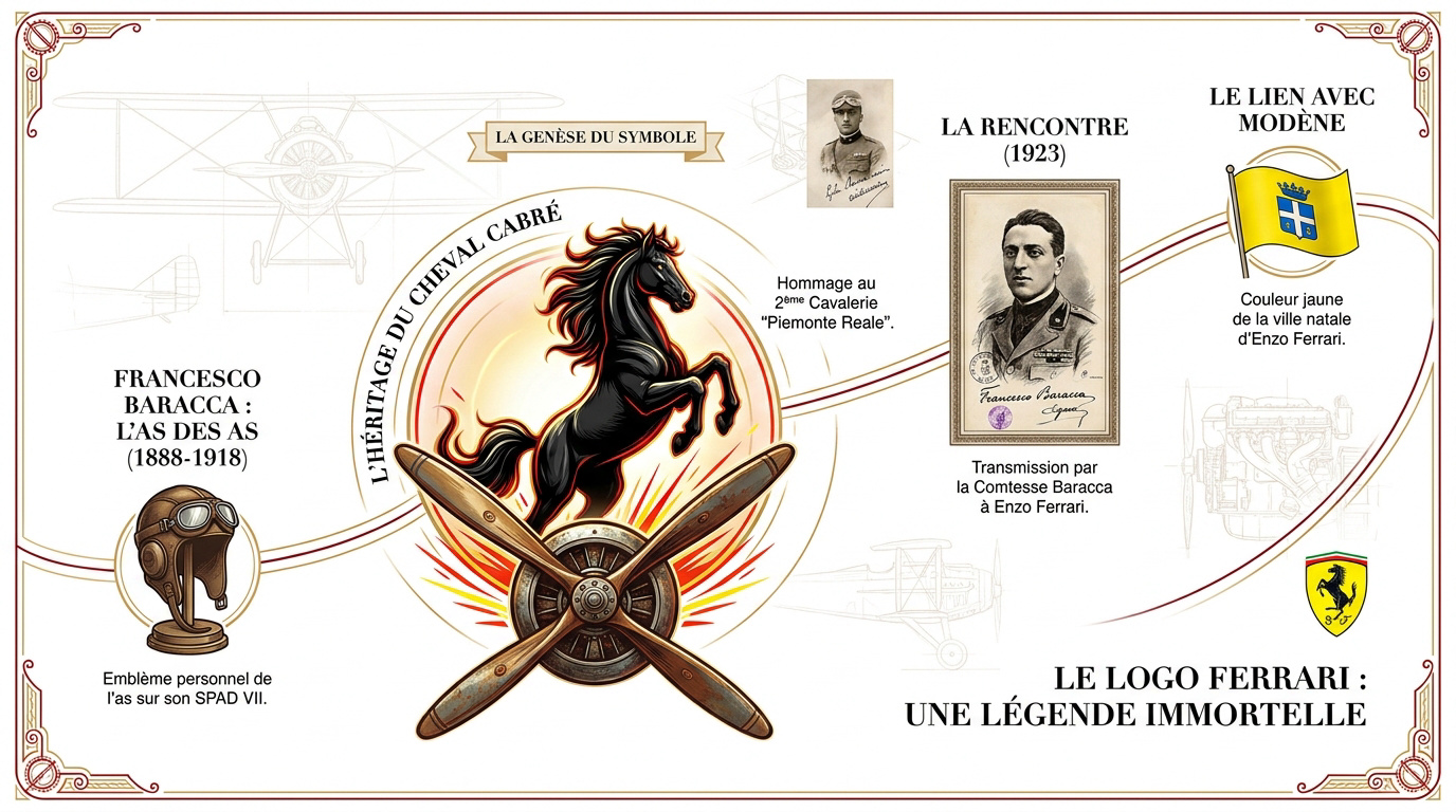 Illustration historique du cheval cabré Ferrari sur fond jaune de Modène
