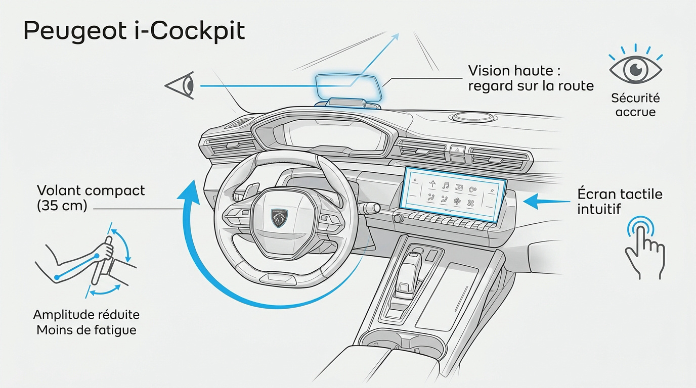 Poste de conduite Peugeot i-Cockpit avec volant compact et combiné tête haute