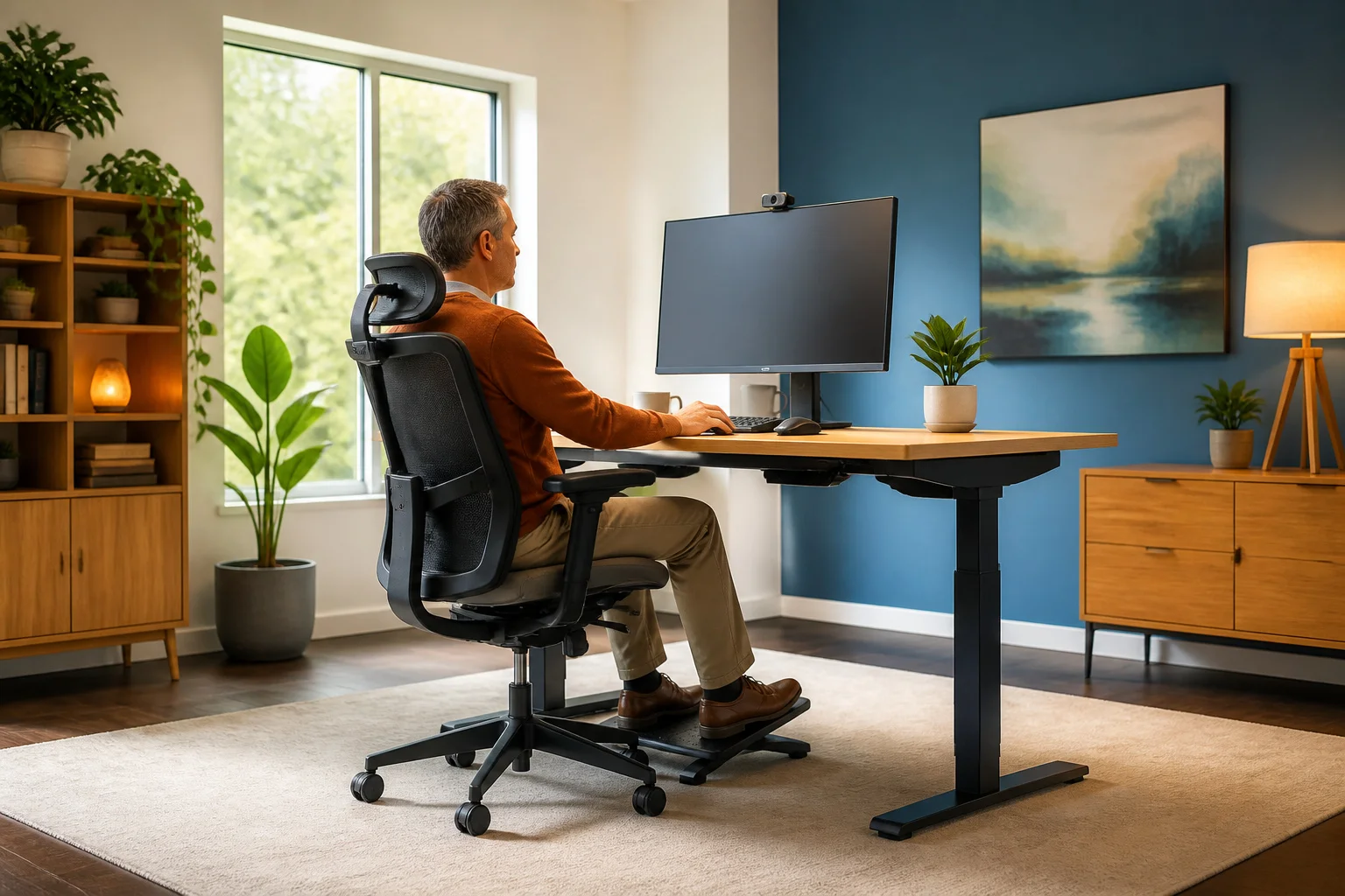 Homme travaillant dans un bureau ergonomique moderne