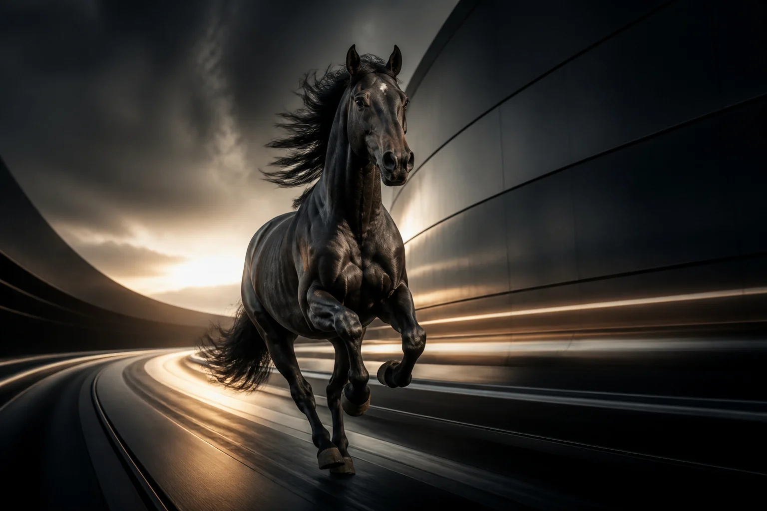 Cheval noir en pleine course modernite et puissance