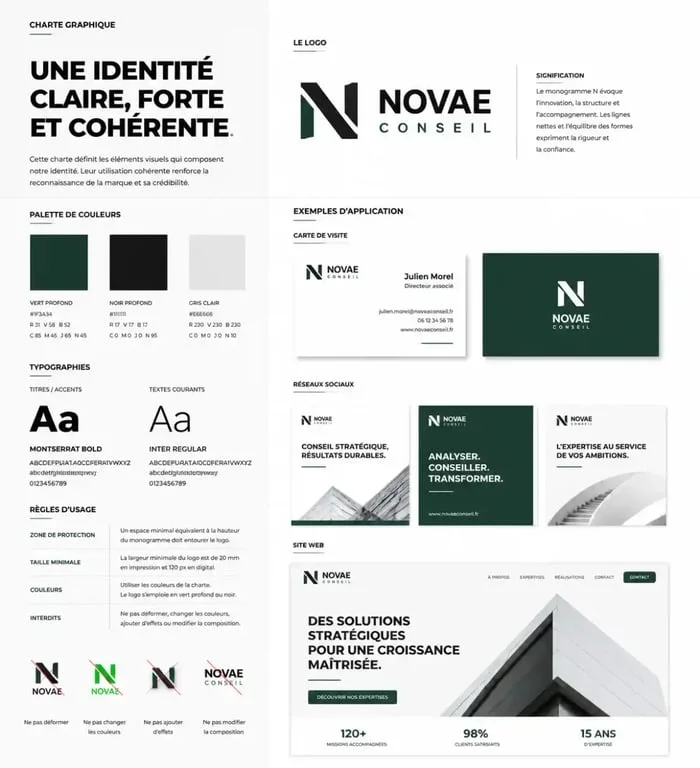 Charte graphique modele présenté en maquette éditoriale avec logo, palette de couleurs et typographies