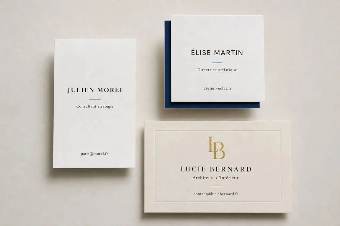 Exemples de carte de visite originale pour différents styles professionnels, du minimaliste au premium