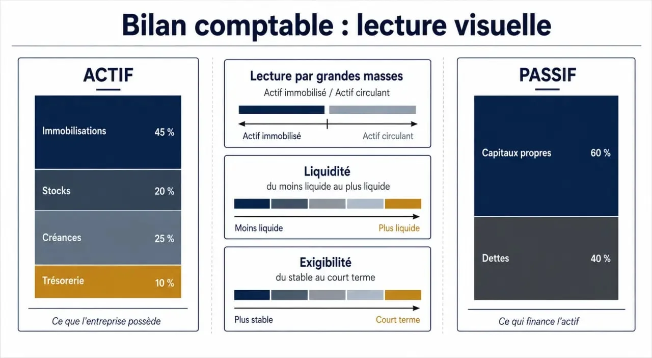 Comment analyser un bilan comptable avec une lecture visuelle de l'actif et du passif