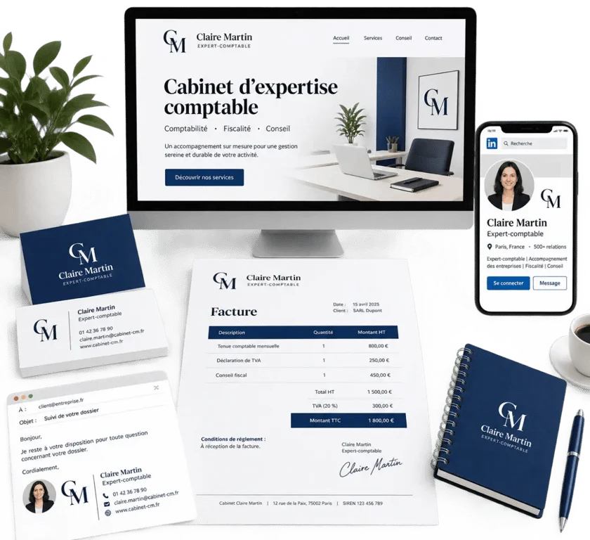 Logo expert comptable décliné sur site, carte de visite, facture et signature mail