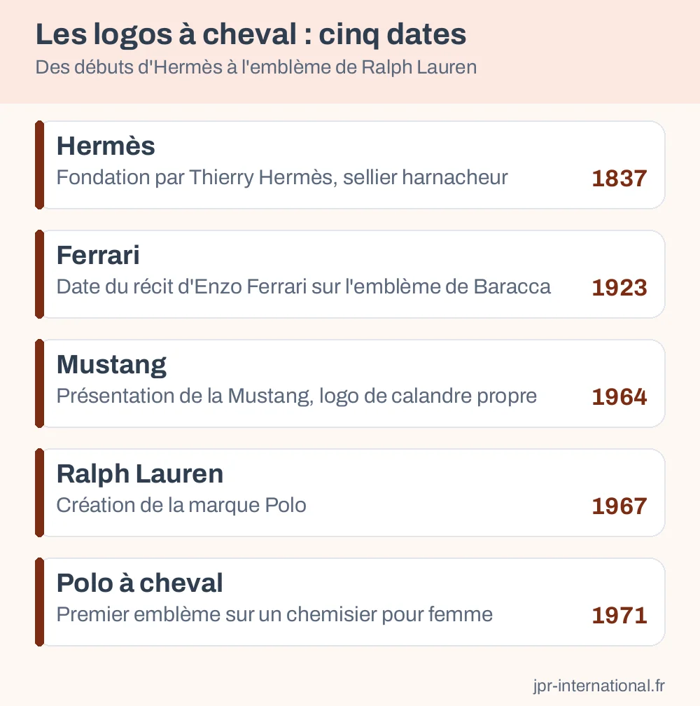 Frise de dates liées aux logos à cheval : Hermès 1837, Ferrari 1923, Mustang 1964, Ralph Lauren 1967 et 1971