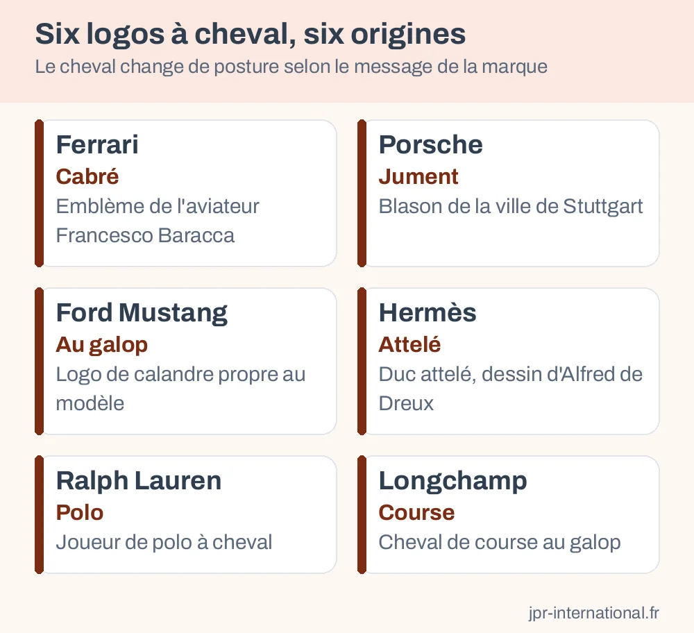 Cartes des six logos à cheval : Ferrari, Porsche, Mustang, Hermès, Ralph Lauren, Longchamp